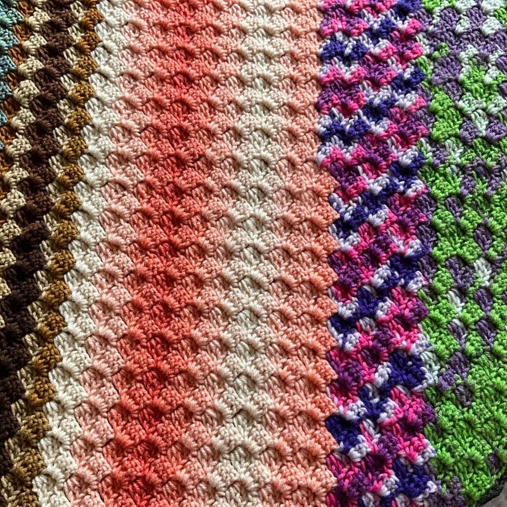 Handmade‎ Crochet Striped Blanket Multi Color Boho Cozy Cottagecore Grannycore